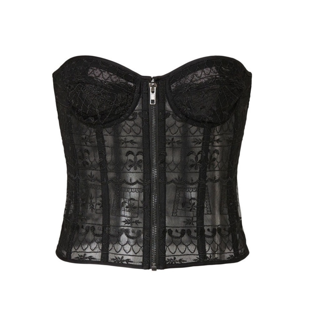 Retrofete Black Lace Strapless Corset Bustier with Front Zip